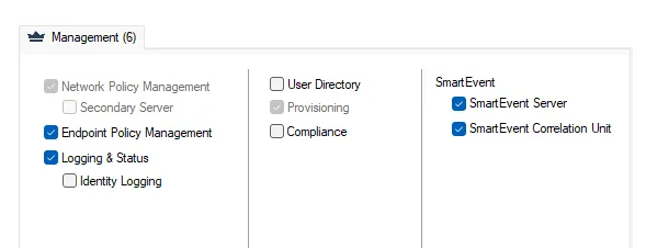 Properti SMS di SmartConsole dengan blade Endpoint Policy Management dicentang untuk aktivasi.