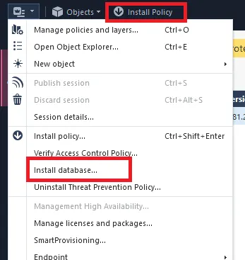 Tombol Install Policy di SmartConsole yang harus diklik setelah aktivasi blade.