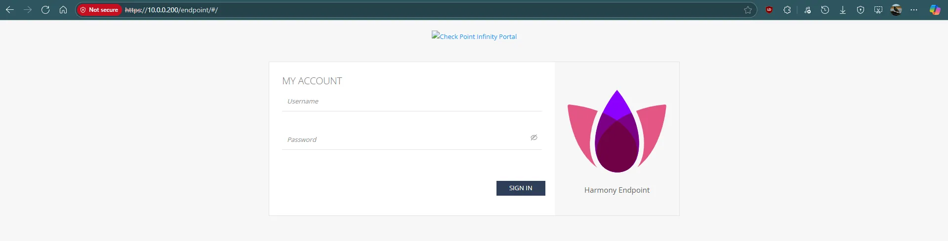 Tampilan pertama halaman login Harmony Endpoint Web Management.