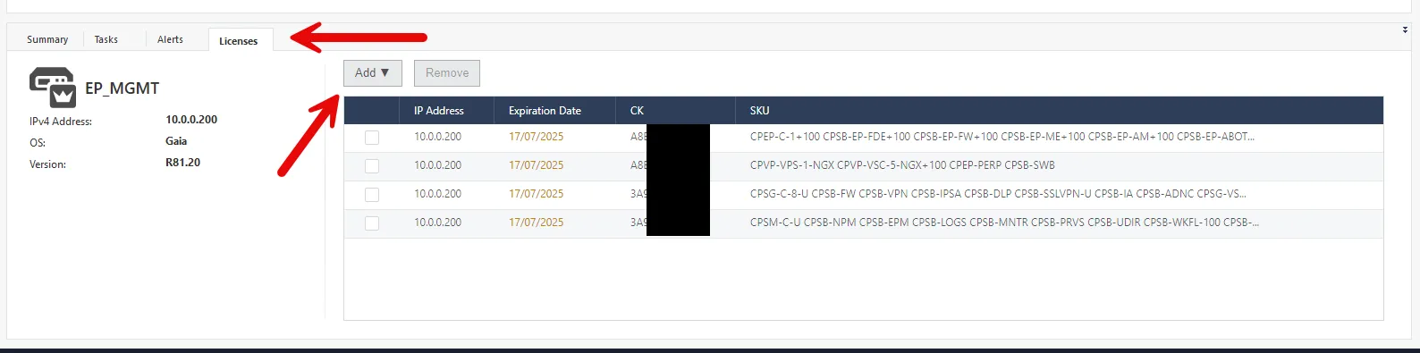 Jendela SmartConsole untuk mengunggah file lisensi Check Point dengan format .lic.