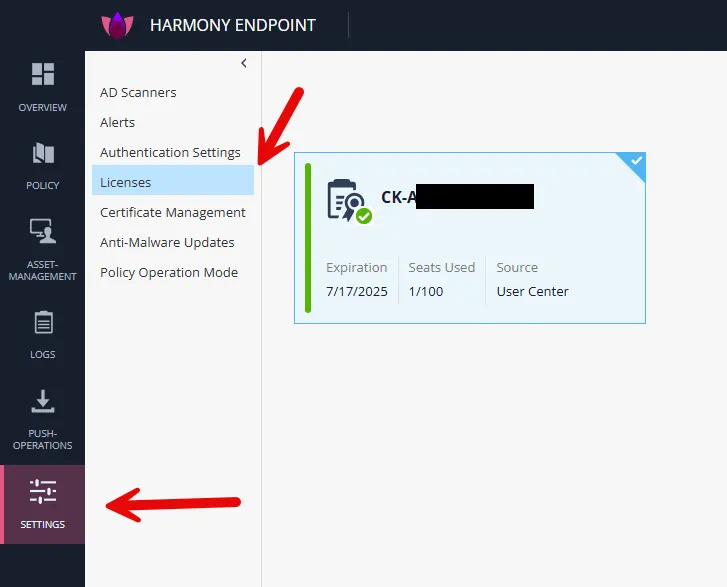 Tampilan tab license di dashboard Harmony Endpoint yang menunjukkan lisensi sudah aktif.