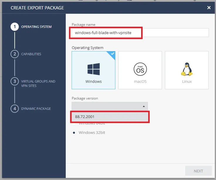 Jendela 'Package Export' untuk memulai konfigurasi paket instalasi agent.