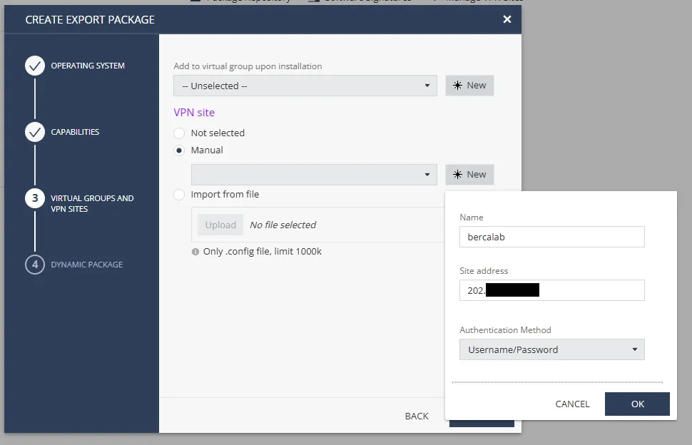 Konfigurasi VPN sites di dalam wizard pembuatan paket agent Harmony Endpoint.