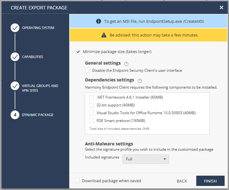 Opsi untuk minimize package size seperti dukungan .NET Framework dan 32-bit support.