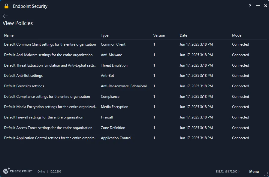 Detail informasi Policies yang diterima oleh agent Harmony Endpoint di komputer client.