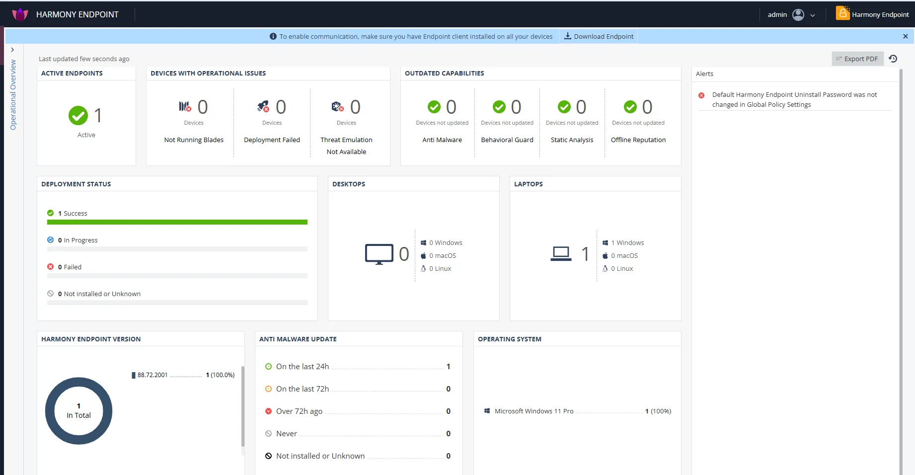 Dashboard Operational Overview di Harmony Endpoint yang menunjukkan satu endpoint terhubung.